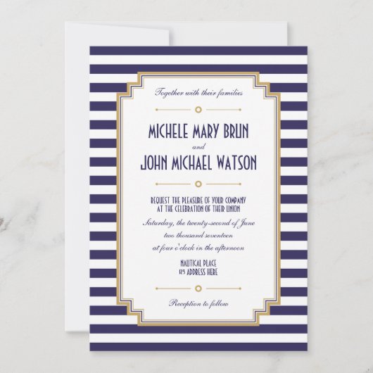 Nautical Striped Navy Blue White Wedding Invite Kaart (Voorkant)