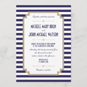 Nautical Striped Navy Blue White Wedding Invite Kaart