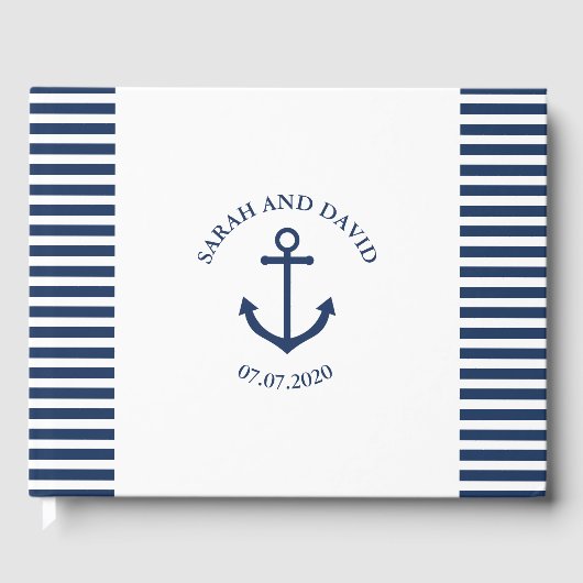 Nautical striped trouwgastenboek met anker gastenboek (Voorkant)