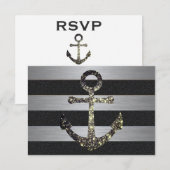 Nautical Striped Wedding RSVP Sparkle Anchor (Voorkant / Achterkant)