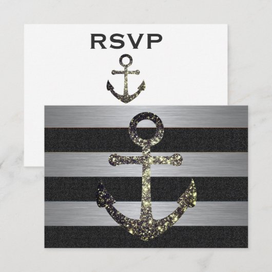 Nautical Striped Wedding RSVP Sparkle Anchor (Voorkant / Achterkant)