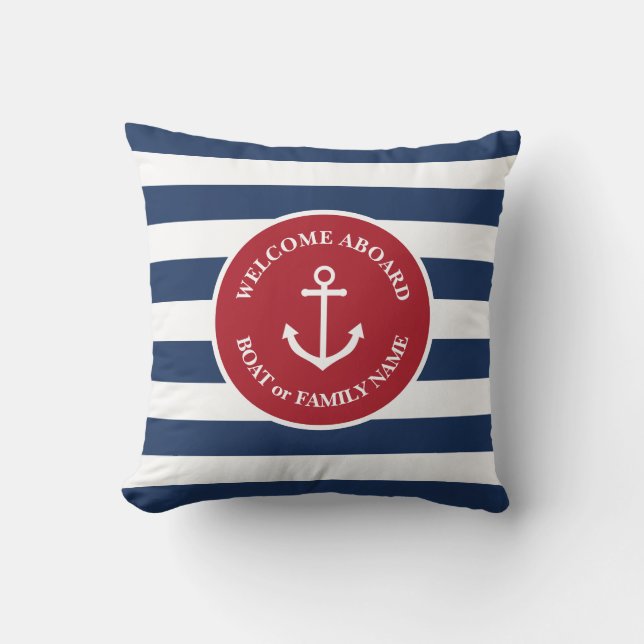 Nautical striped welcome aboard pillow kussen (Voorkant)