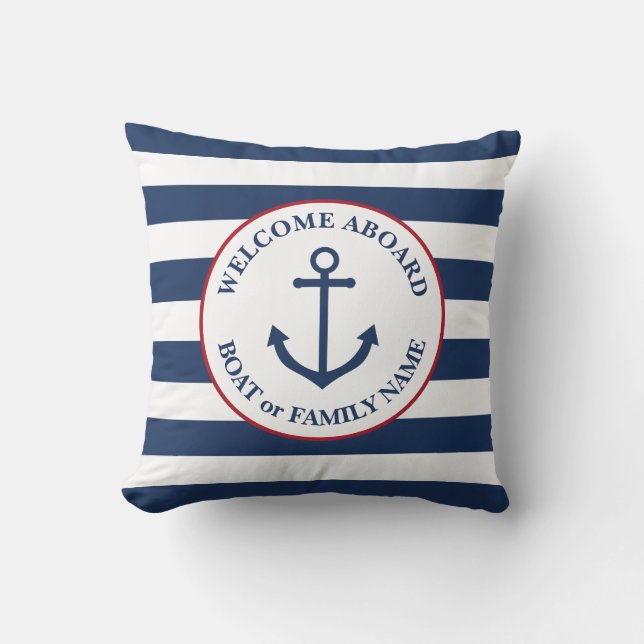 Nautical striped welcome aboard pillow kussen (Voorkant)