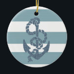 Nautical Stripes Anchor Keramisch Ornament<br><div class="desc">Nautical Stripes Anchor strand oceanieblauw en witte faux glitter</div>