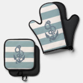 Nautical Stripes Anchor Ovenwant & Pannenlap Set (Voorkant / Achterkant)