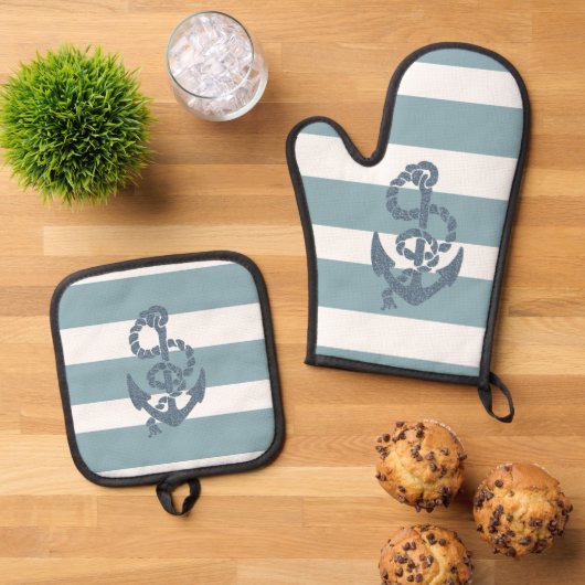 Nautical Stripes Anchor Ovenwant & Pannenlap Set (Top down)