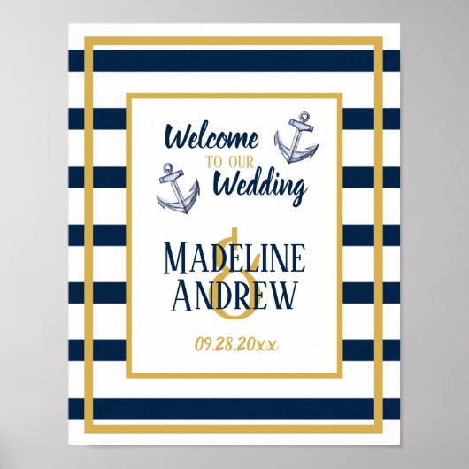 Nautical Stripes and Anchor Custom Wedding Poster (Voorkant)