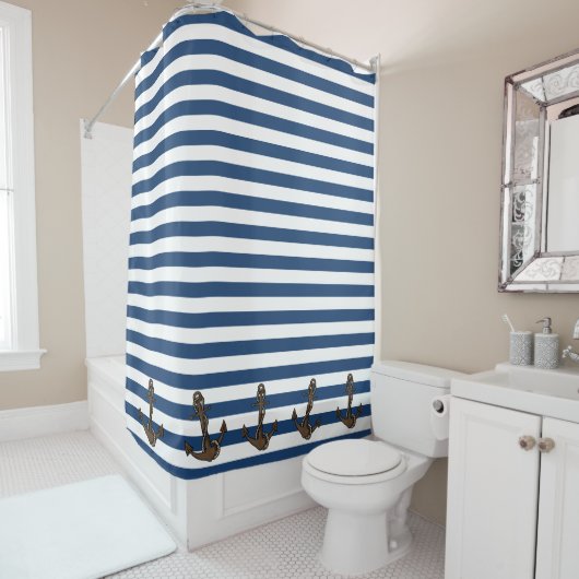 Nautical Stripes and Anchors Shower Curtain Douchegordijn (In situ)
