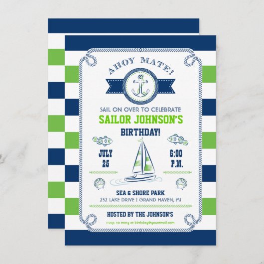 Nautical Stripes Birthday Invitation Kaart (Voorkant / Achterkant)