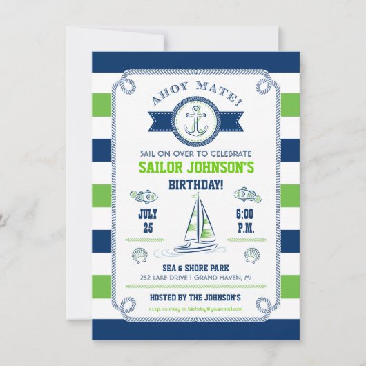 Nautical Stripes Birthday Invitation Kaart (Voorkant)