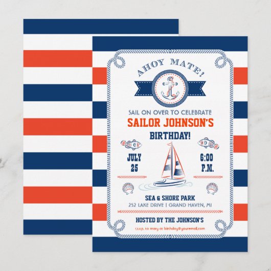 Nautical Stripes Birthday Invitation Kaart (Voorkant / Achterkant)