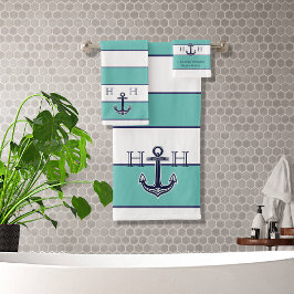Nautical Stripes Blauwgroen Anchor Coastal Monogra Bad Handdoek