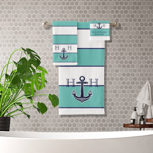 Nautical Stripes Blauwgroen Anchor Coastal Monogra Bad Handdoek