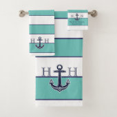 Nautical Stripes Blauwgroen Anchor Coastal Monogra Bad Handdoek (Insitu)