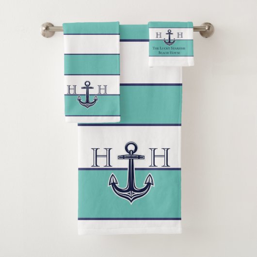 Nautical Stripes Blauwgroen Anchor Coastal Monogra Bad Handdoek (Insitu)