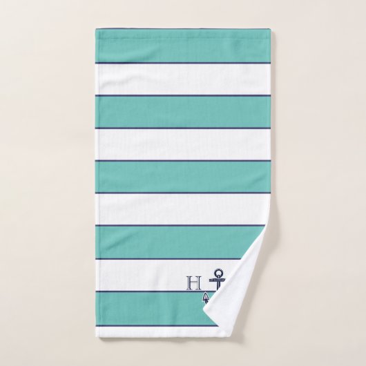 Nautical Stripes Blauwgroen Anchor Coastal Monogra Bad Handdoek (Handdoek)