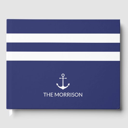 Nautical Stripes Boat Name marvy blue white anchor Gastenboek (Voorkant)