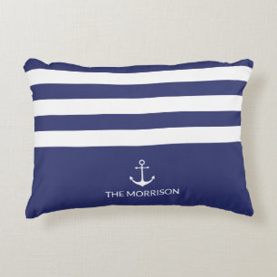 Nautical Stripes Boat Name white anchor navy blue Accent Kussen