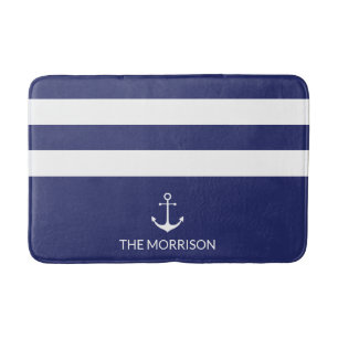 Nautical Stripes Boat Name white anchor navy blue Badmat