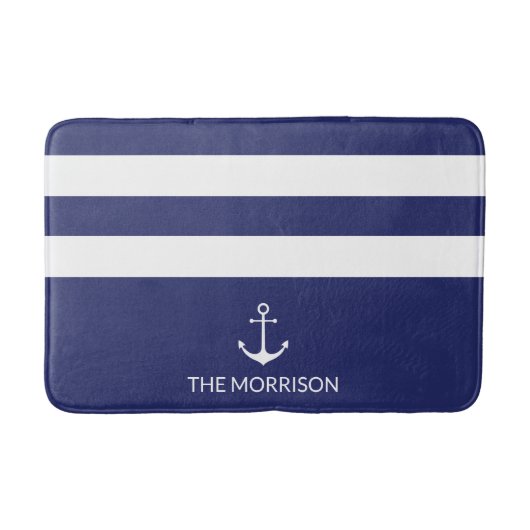 Nautical Stripes Boat Name white anchor navy blue Badmat (Voorkant)