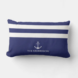 Nautical Stripes Boat Name white anchor navy blue Kussen
