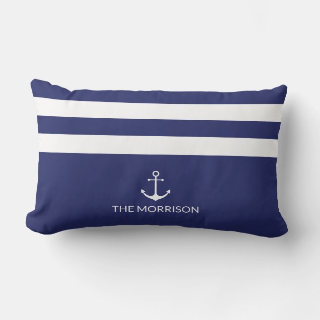 Nautical Stripes Boat Name white anchor navy blue Kussen (Voorkant)