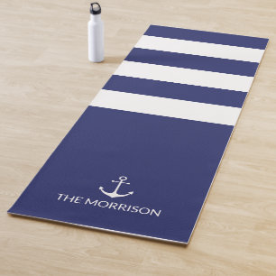 Nautical Stripes Boat Name white anchor navy blue Yogamat
