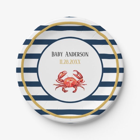 Nautical Stripes Crab Baby shower Papieren Bordje (Voorkant)