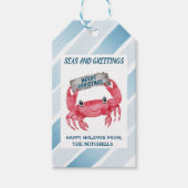 Nautical Stripes Crab Zeeen and Greetings Holiday Cadeaulabel (Voorkant)