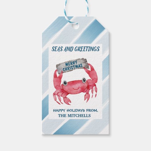 Nautical Stripes Crab Zeeen and Greetings Holiday Cadeaulabel (Voorkant)