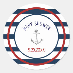Nautical Stripes en Anker Baby shower Ronde Sticker