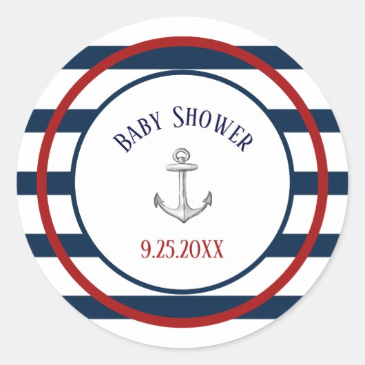 Nautical Stripes en Anker Baby shower Ronde Sticker (Voorkant)
