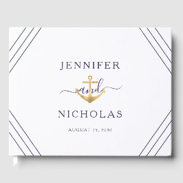 Nautical Stripes Gold Anchor Wedding Gastenboek