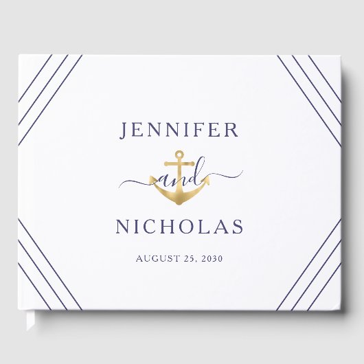Nautical Stripes Gold Anchor Wedding Gastenboek (Voorkant)