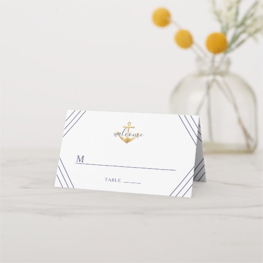 Nautical Stripes Gold Anchor Wedding Plaatskaartje (Voorkant)