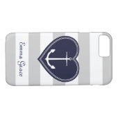 Nautical Stripes Heart en Anchor Monogram Navy Case-Mate iPhone Case (Achterkant (Horizontaal))