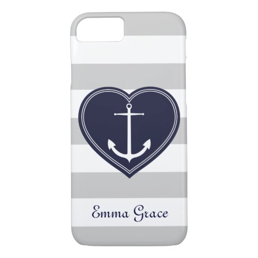 Nautical Stripes Heart en Anchor Monogram Navy Case-Mate iPhone Case (Achterkant)
