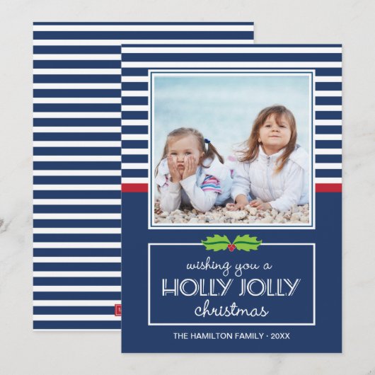 Nautical Stripes Holly Jolly Kaart met kerstmis (Voorkant / Achterkant)