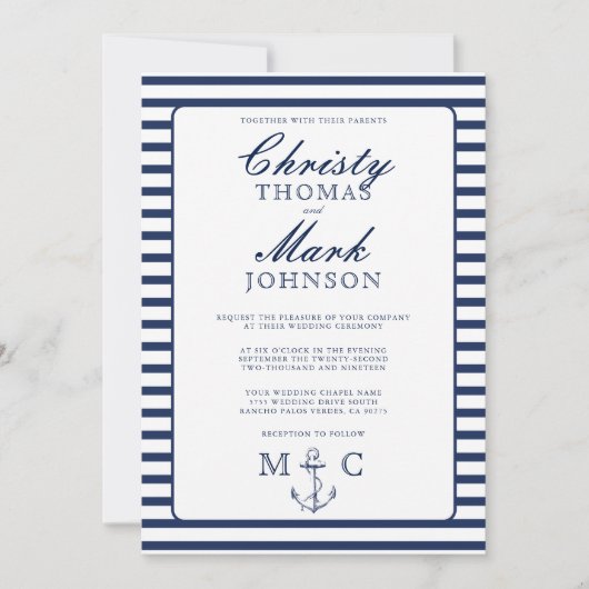 Nautical Stripes Navy Anker Bruiloft Kaart (Voorkant)
