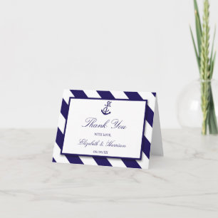 Nautical Stripes & Navy Blue Anchor Wedding Bedankkaart