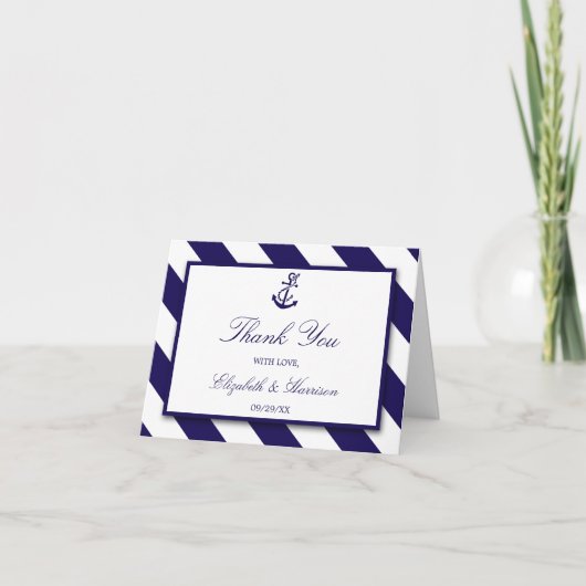 Nautical Stripes & Navy Blue Anchor Wedding Bedankkaart (Voorkant)