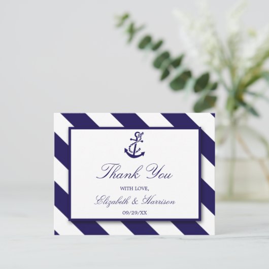 Nautical Stripes & Navy Blue Anchor Wedding Briefkaart (Staand voorkant)