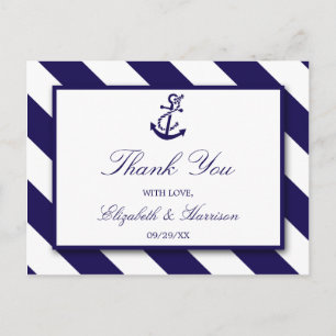 Nautical Stripes & Navy Blue Anchor Wedding Briefkaart