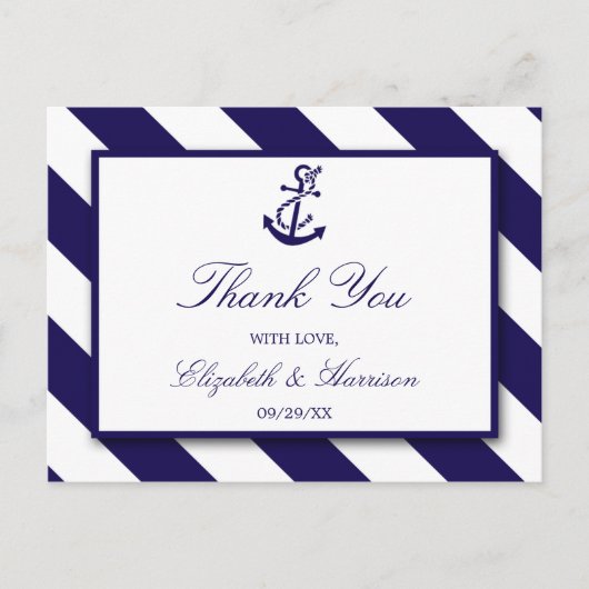 Nautical Stripes & Navy Blue Anchor Wedding Briefkaart (Voorkant)