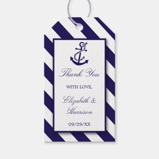 Nautical Stripes & Navy Blue Anchor Wedding Cadeaulabel (Voorkant)