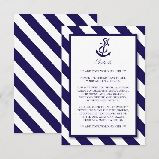 Nautical Stripes & Navy Blue Anchor Wedding Detail Informatiekaartje (Voorkant / Achterkant)