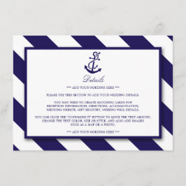 Nautical Stripes & Navy Blue Anchor Wedding Detail Informatiekaartje