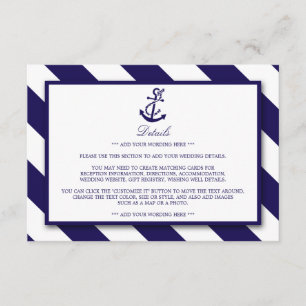 Nautical Stripes & Navy Blue Anchor Wedding Detail Informatiekaartje