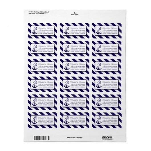 Nautical Stripes & Navy Blue Anchor Wedding Etiket (Full Sheet)