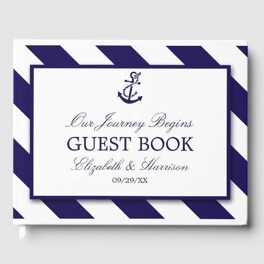 Nautical Stripes & Navy Blue Anchor Wedding Gastenboek (Voorkant)